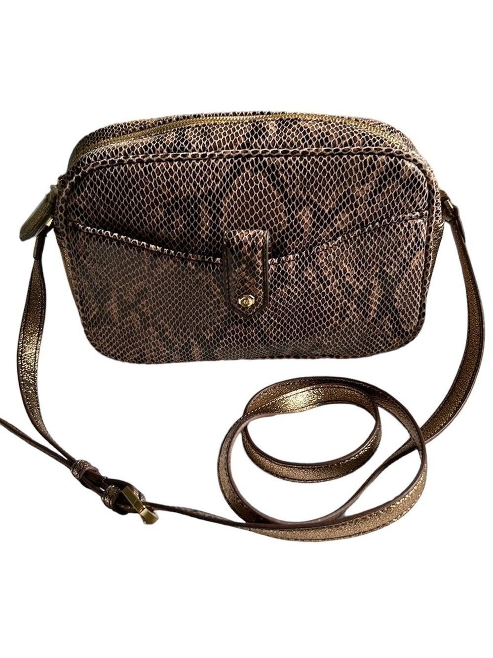 G.I.L.I. Bags Gili Leather Snakeskin Pattern Crossbody Bag Brown Metallic